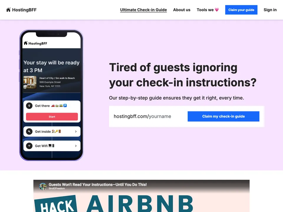 HostingBFF landing page and mobile check-in guide screenshot